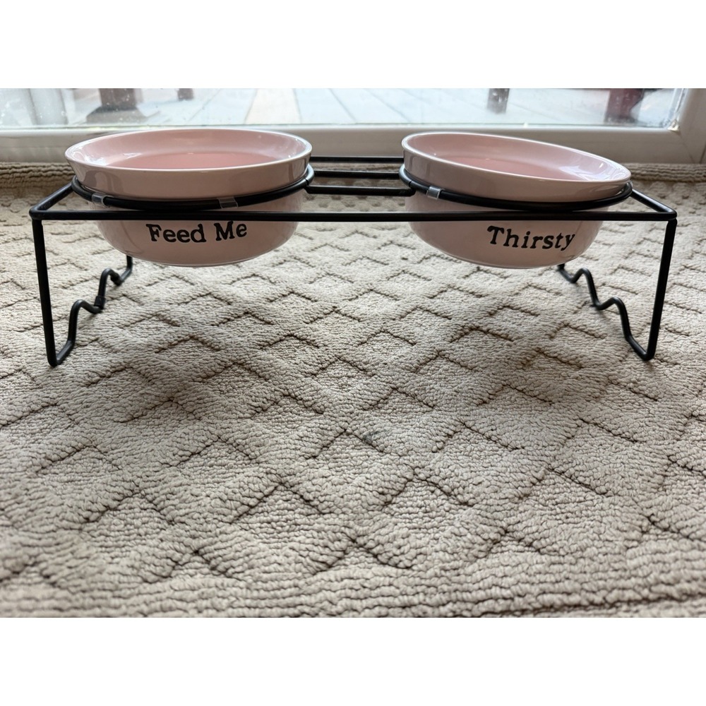 Signature Housewares Pink Stoneware Pet Bowl Set with Elevated Metal Stand